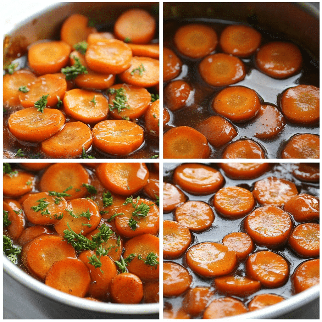 Four panel collage showing slicing carrots, simmering, glazing with honey butter, and finished carrots with parsley