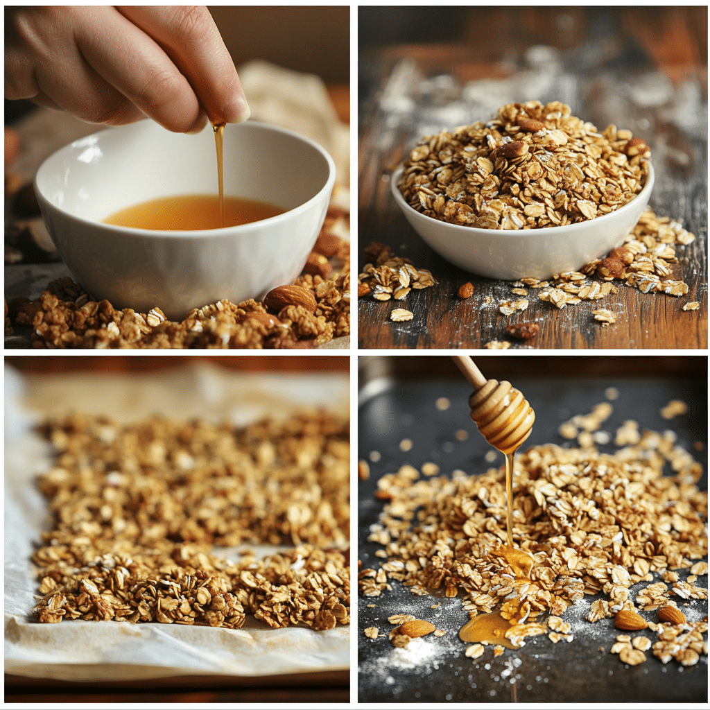 Four panel collage showing the steps for making granola