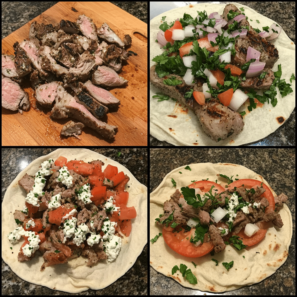 Four panel collage showing the steps for making Greek lamb gyros