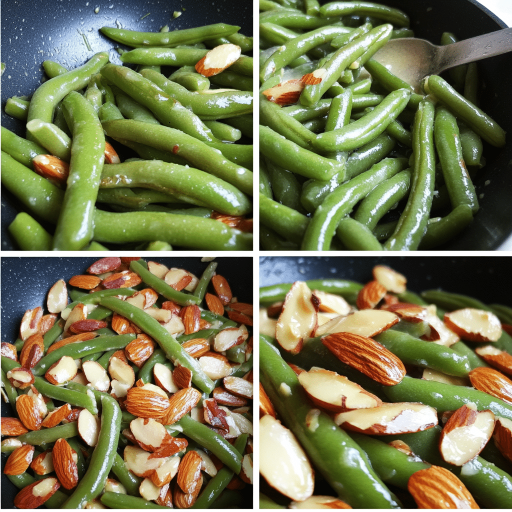 Four-panel collage showing the process of making green beans almondine