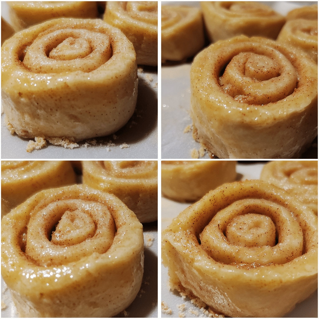 Four panel collage showing the steps for making homemade cinnamon rolls