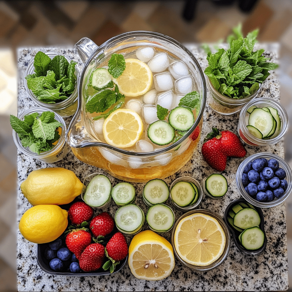 Lemonade bar with a pitcher of lemonade, ice, lemon slices, berries, and mint on a kitchen counter