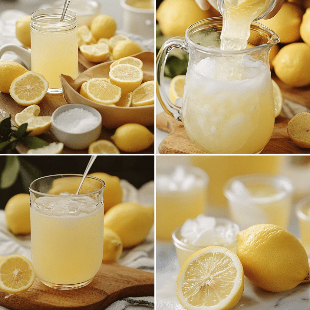 Four panel collage showing juicing lemons, making syrup, mixing lemonade, and setting up a lemonade bar