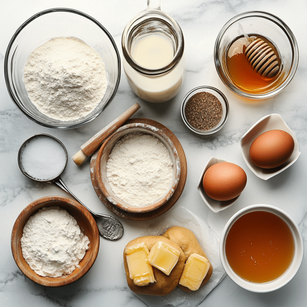 ingredients for honey butter buns including flour yeast milk butter eggs and honey
