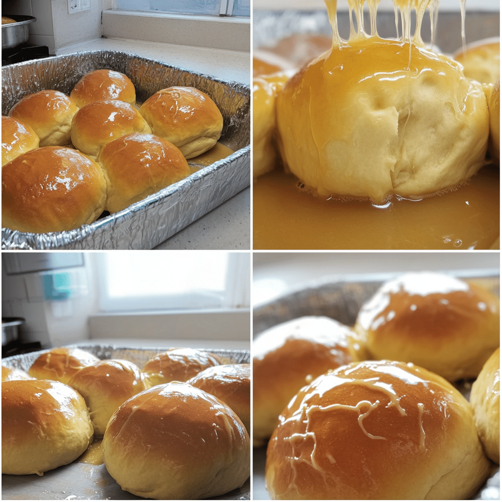 four panel collage showing steps to make honey butter buns
