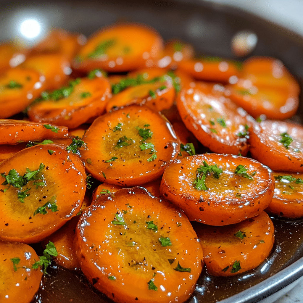 Glazed carrots in a skillet with shiny honey butter glaze and parsley
