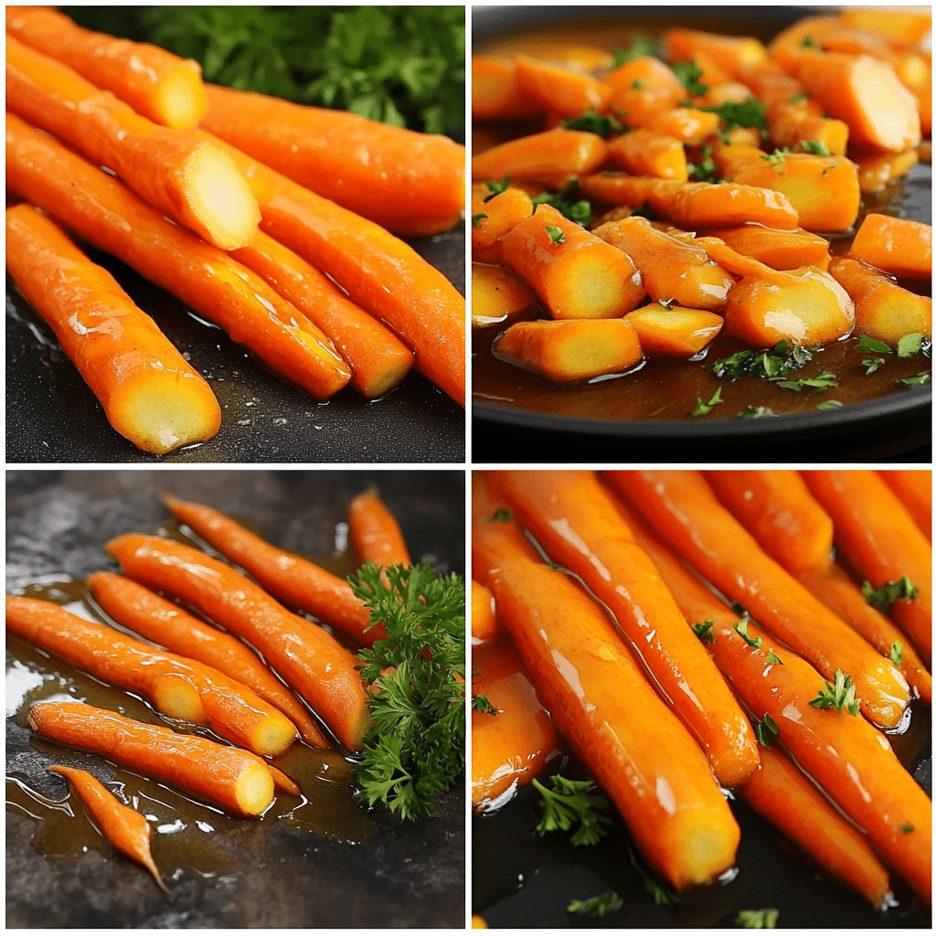 Four panel collage showing the steps for making honey glazed carrots