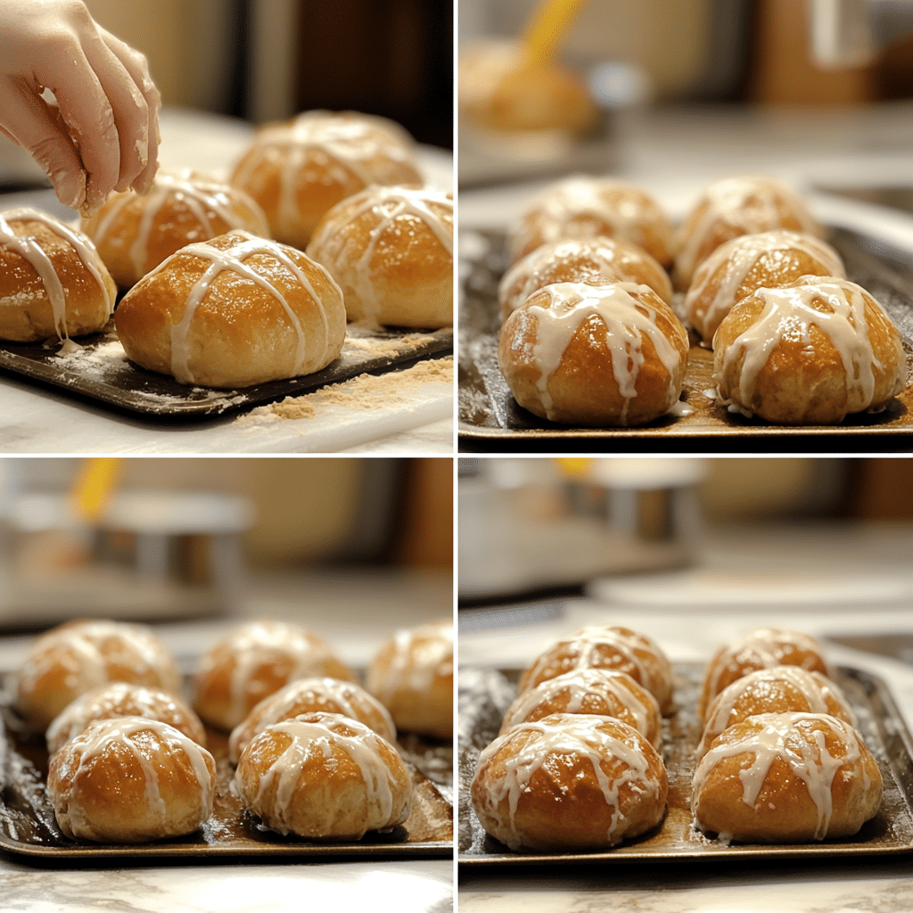 Four panel collage showing the steps for making hot cross buns