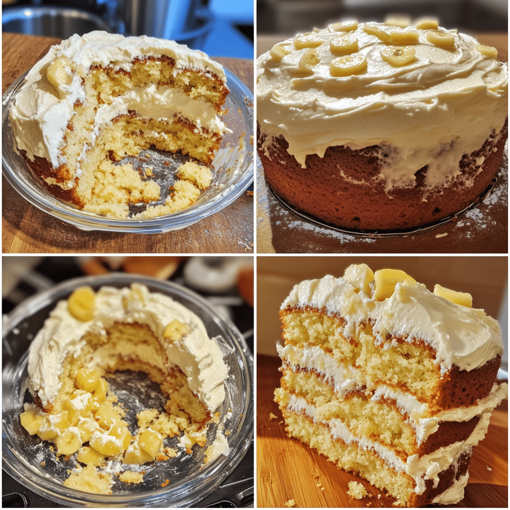 Four panel collage showing the steps for making hummingbird cake