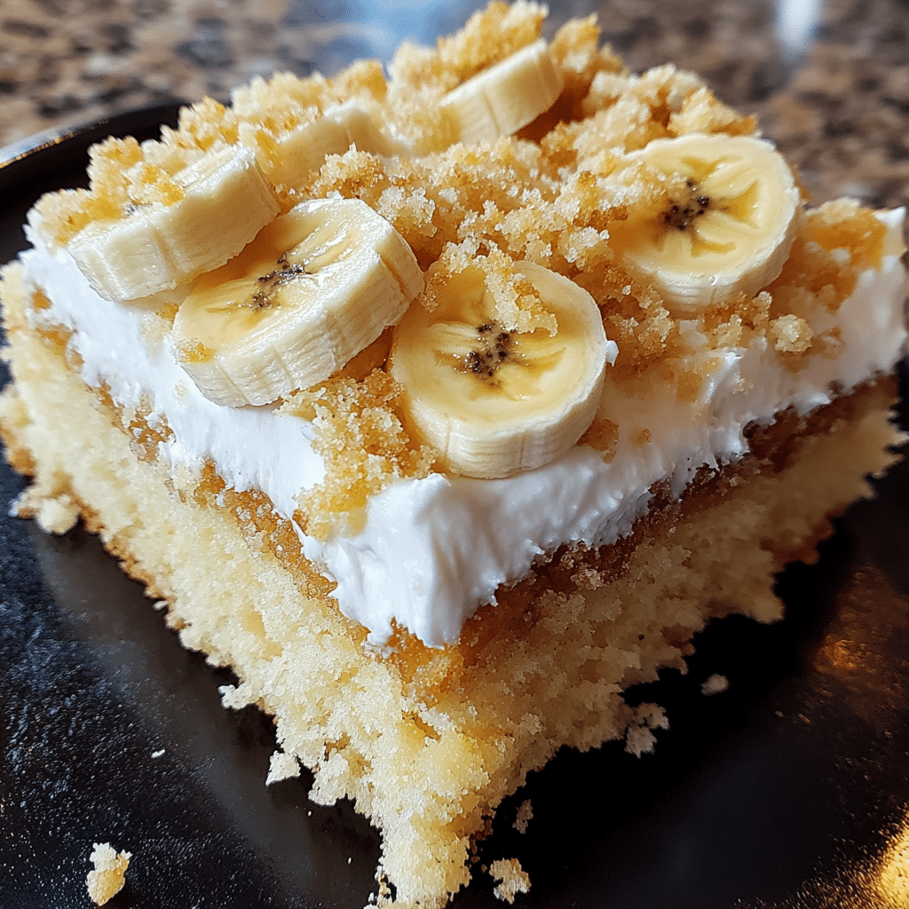 A slice of hummingbird cake with frosting, banana slices, and pineapple
