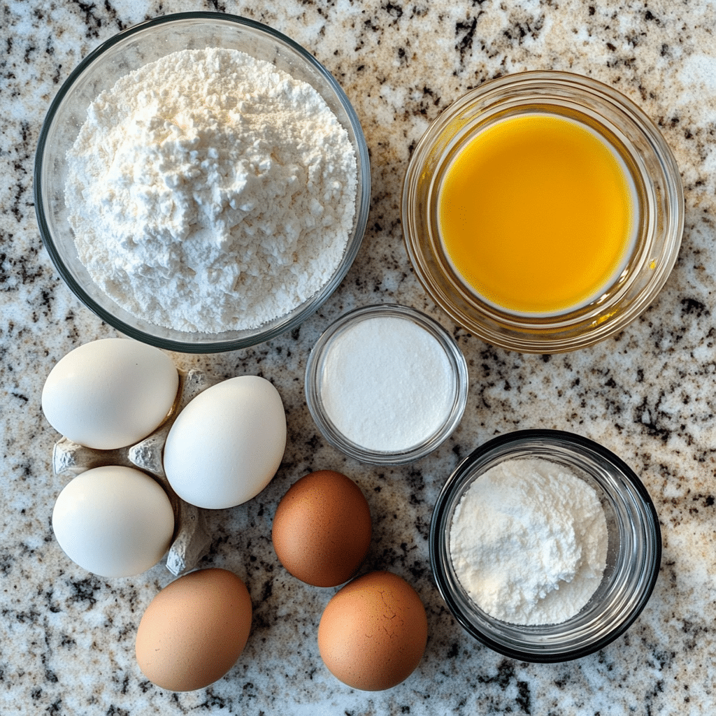 Ingredients for making angel food cake, including egg whites and vanilla