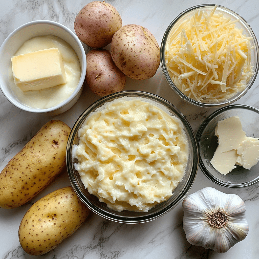 Potatoes, cheese, cream, garlic, and butter for making au gratin potatoes