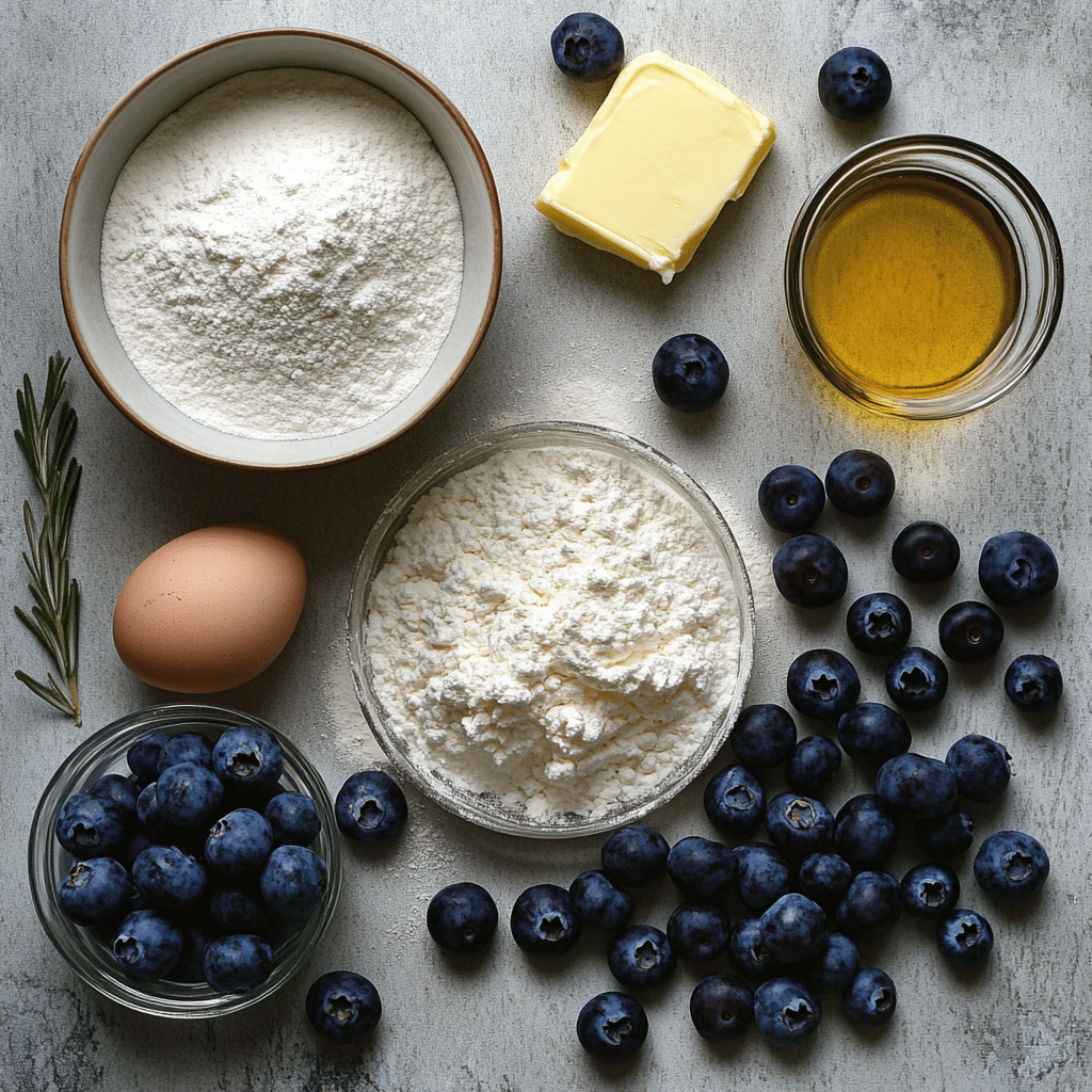 Blueberries, flour, eggs, and syrup for blueberry pancakes