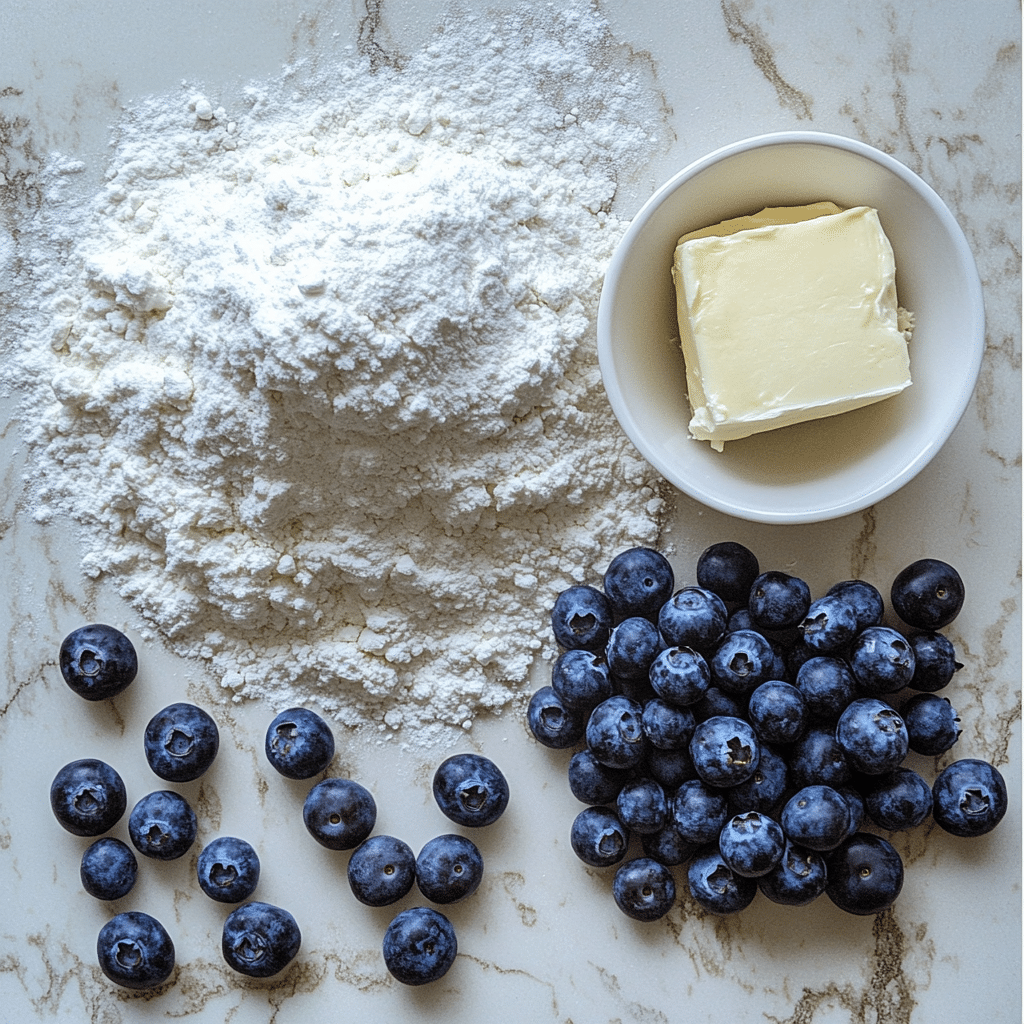 Ingredients like flour, sugar, blueberries, and yeast for sweet rolls