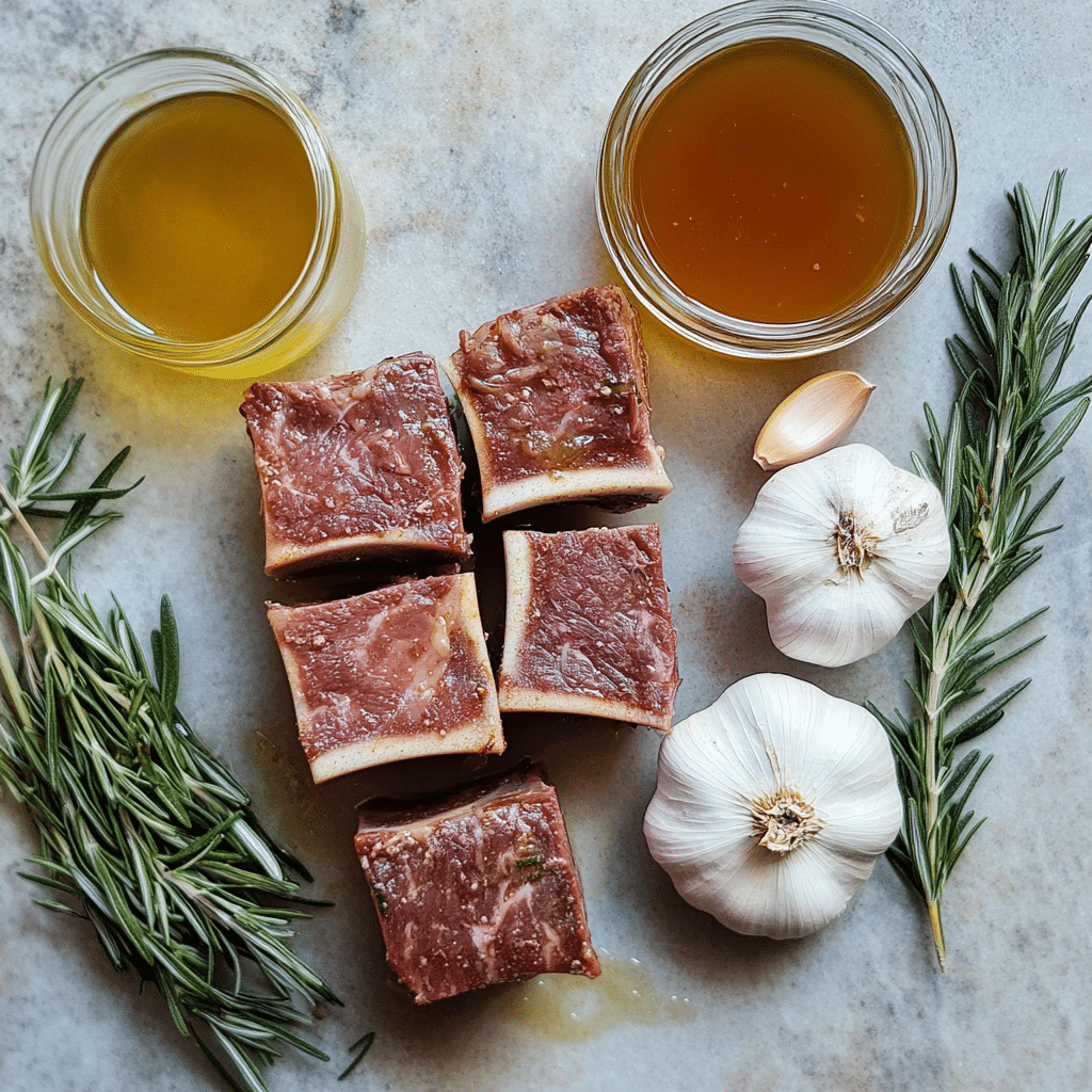 Short ribs, garlic, rosemary, and beef broth for braised short ribs