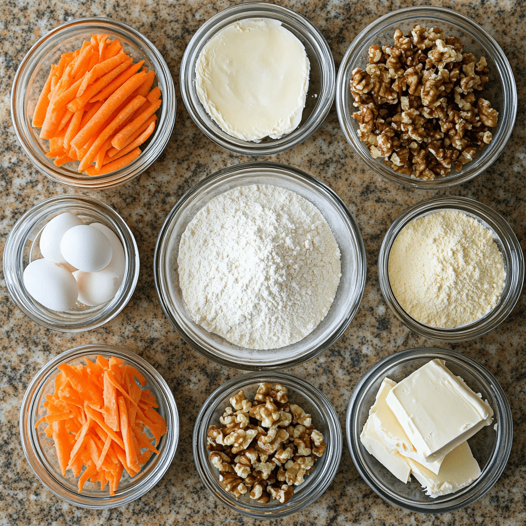 Flour, sugar, eggs, carrots, walnuts, and cream cheese for carrot cake