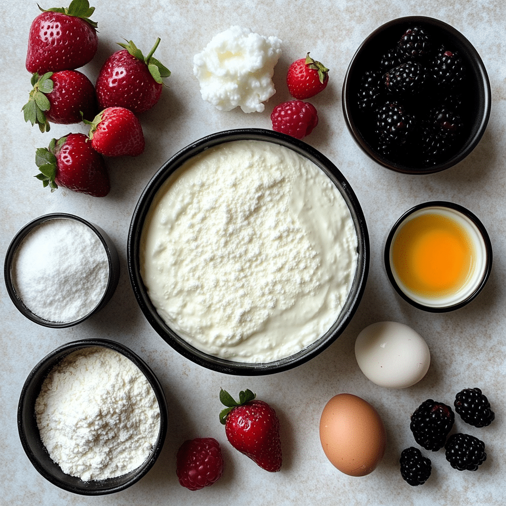 Chantilly cake ingredients like flour, eggs, and berries