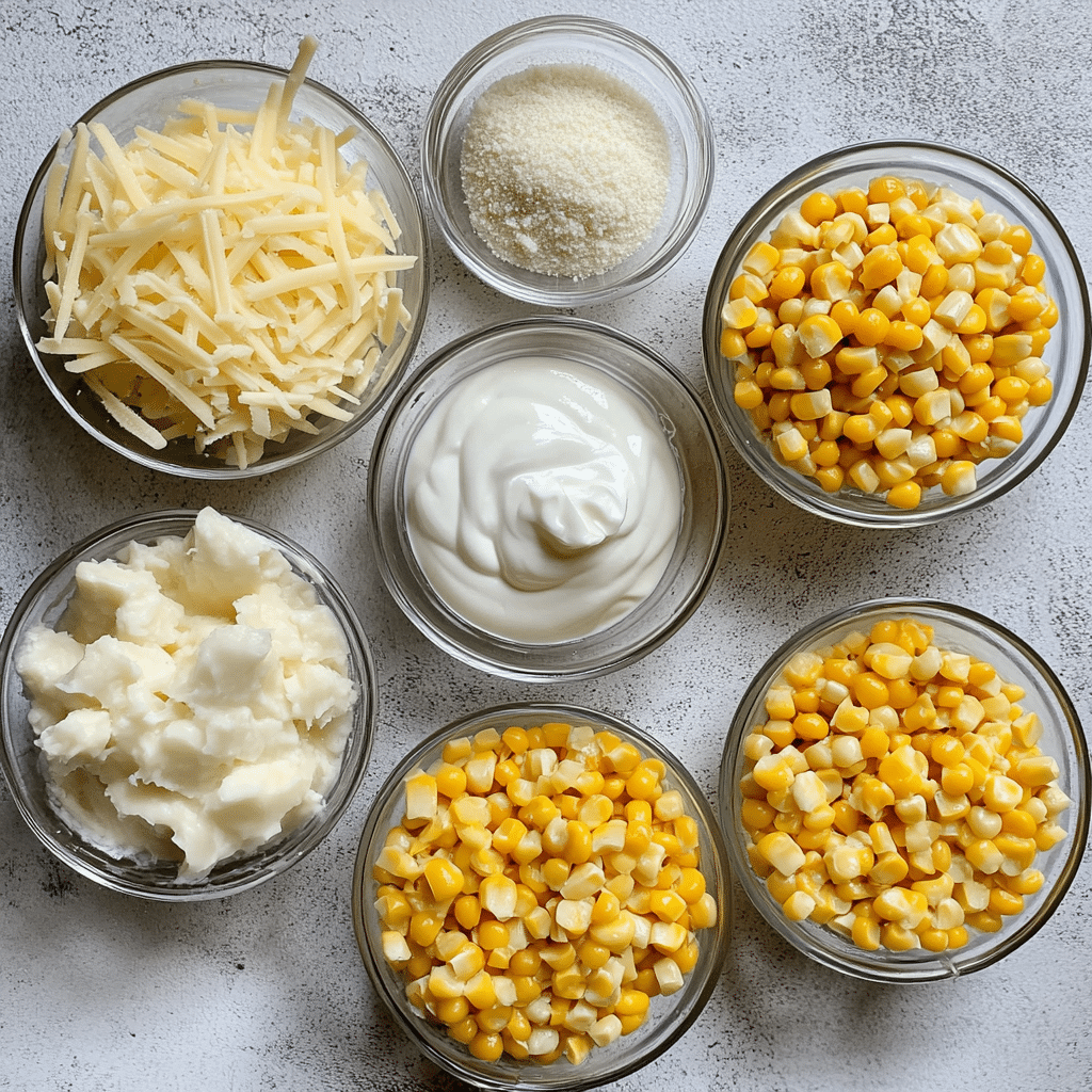 Overhead view of ingredients for making cheesy corn casserole