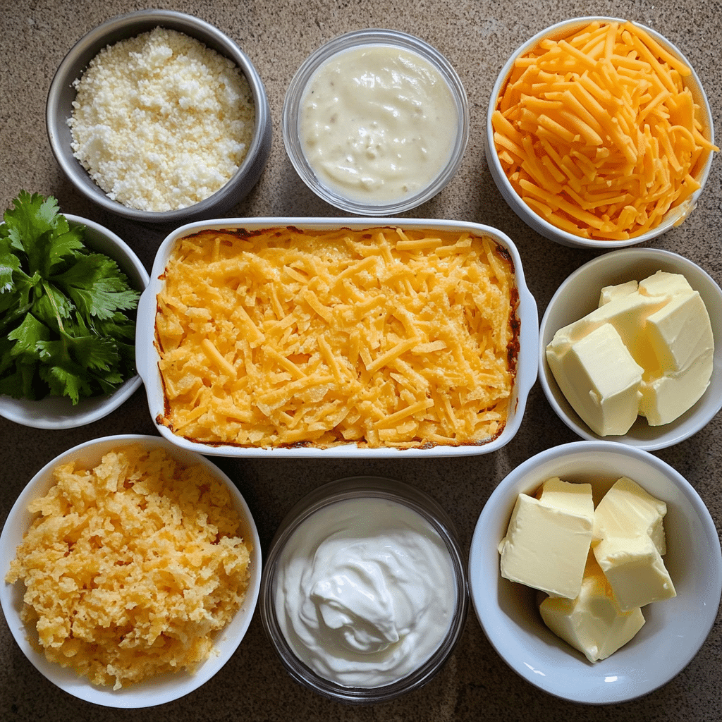 Frozen hashbrowns, cheese, and sour cream for hashbrown casserole