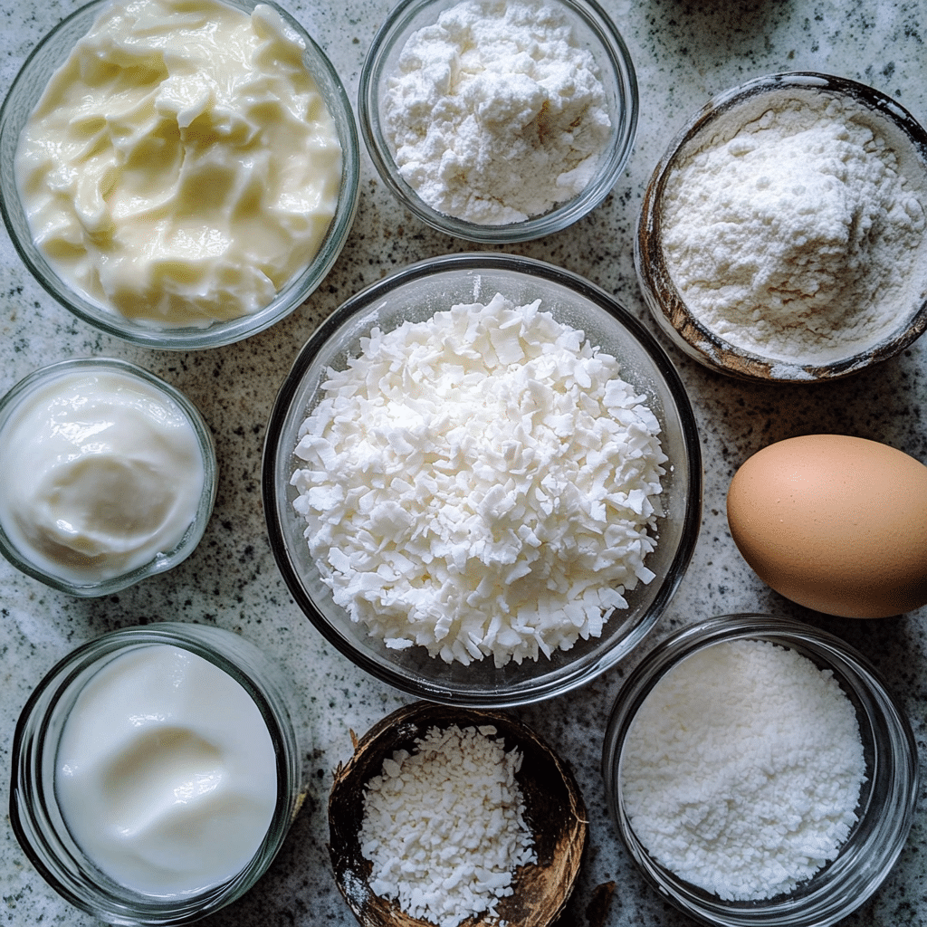 Coconut, flour, and eggs for coconut cream cake