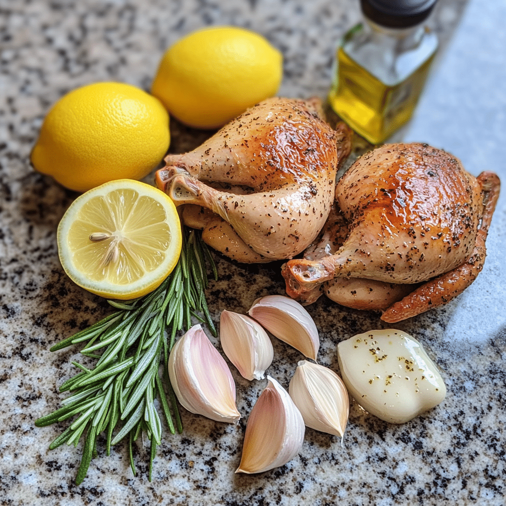 Cornish game hens, garlic, rosemary, and lemon for roast