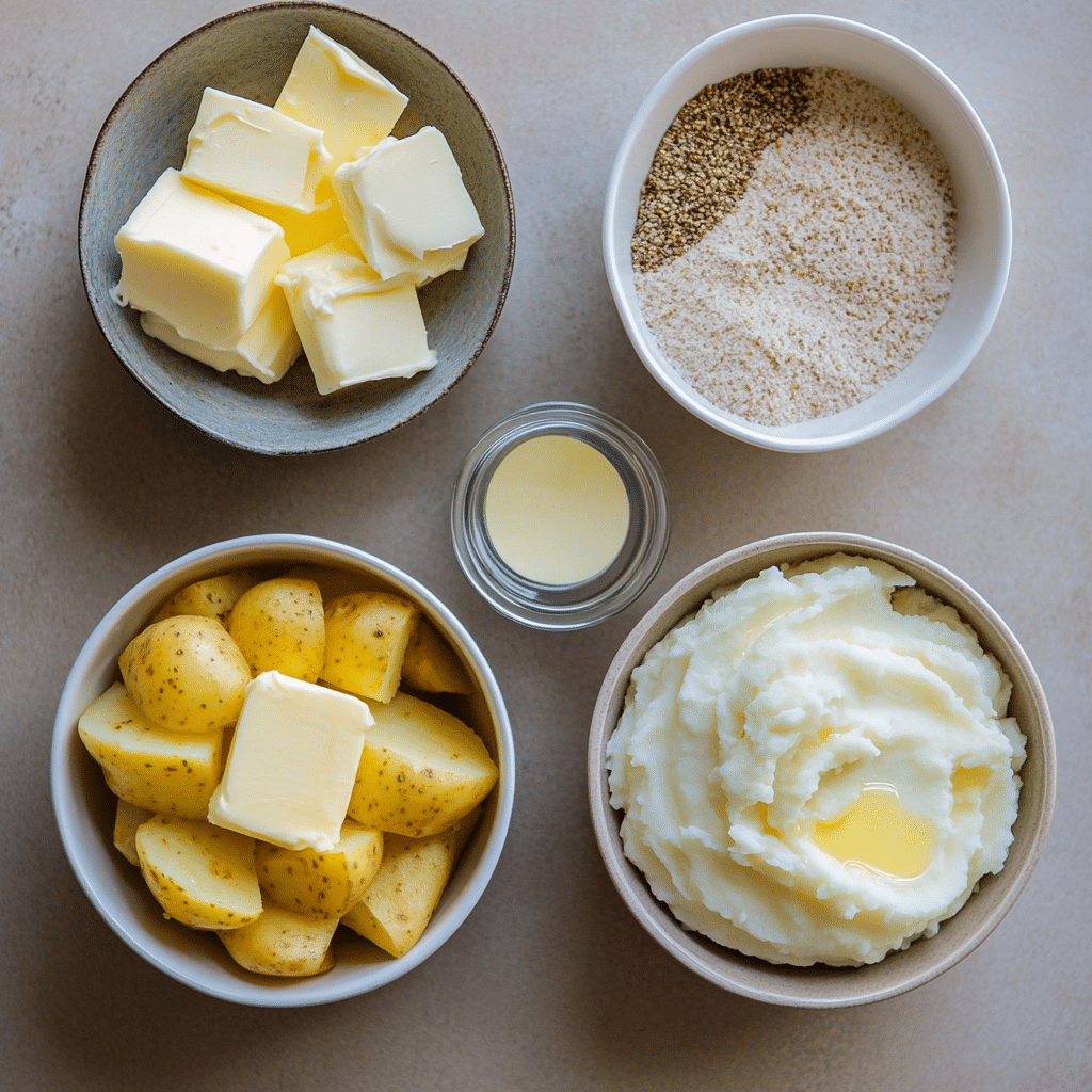 Overhead view of ingredients for making mashed potatoes