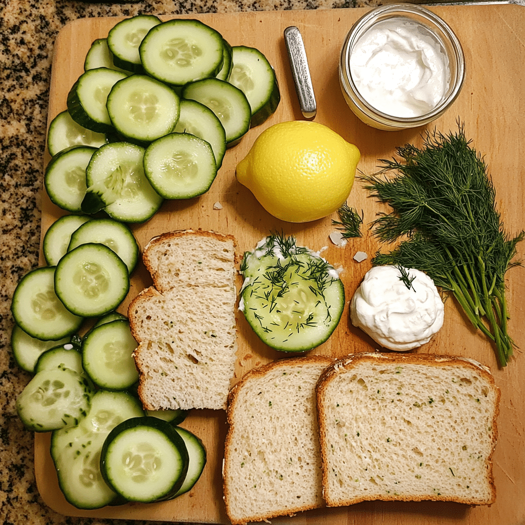 Bread, cucumbers, cream cheese, herbs, lemon, and seasonings on a kitchen counter
