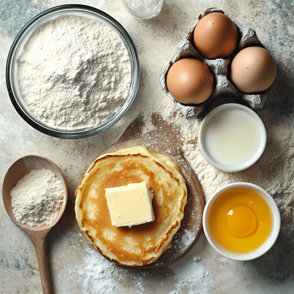 Eggs, flour, and butter for Dutch baby pancakes