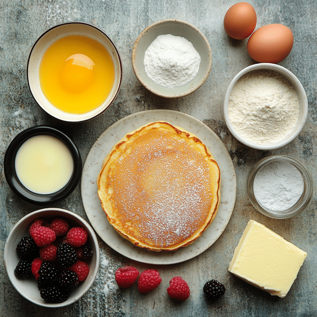 Eggs, flour, milk, butter, and fresh berries for Dutch baby pancake