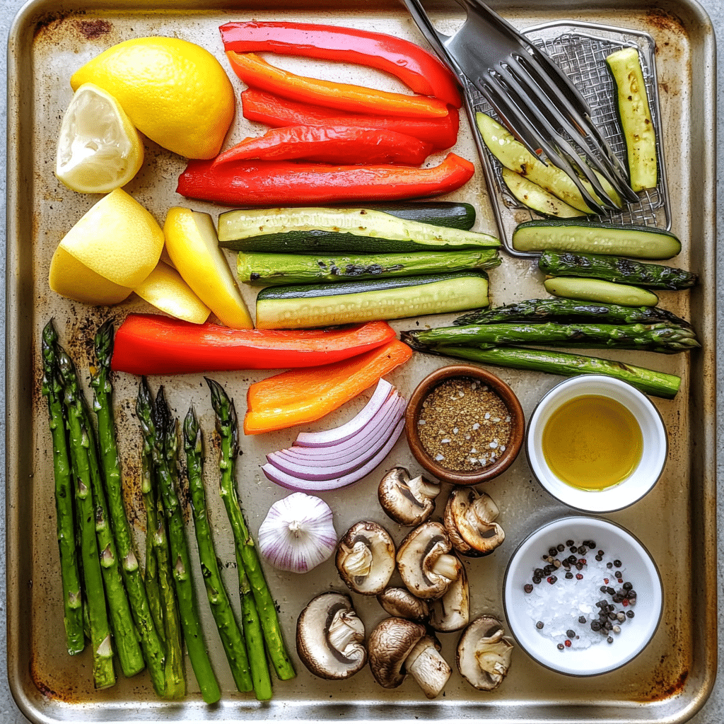 sheet pan with zucchini, bell peppers, onion, mushrooms, asparagus and marinade ingredients