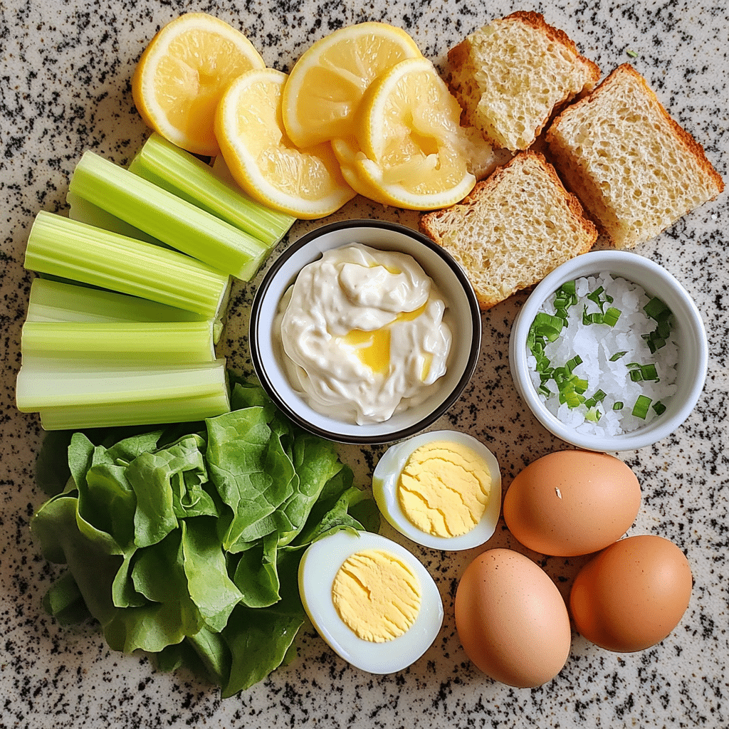 Hard boiled eggs, mayo, yogurt, mustard, celery, chives, and bread for egg salad sandwiches