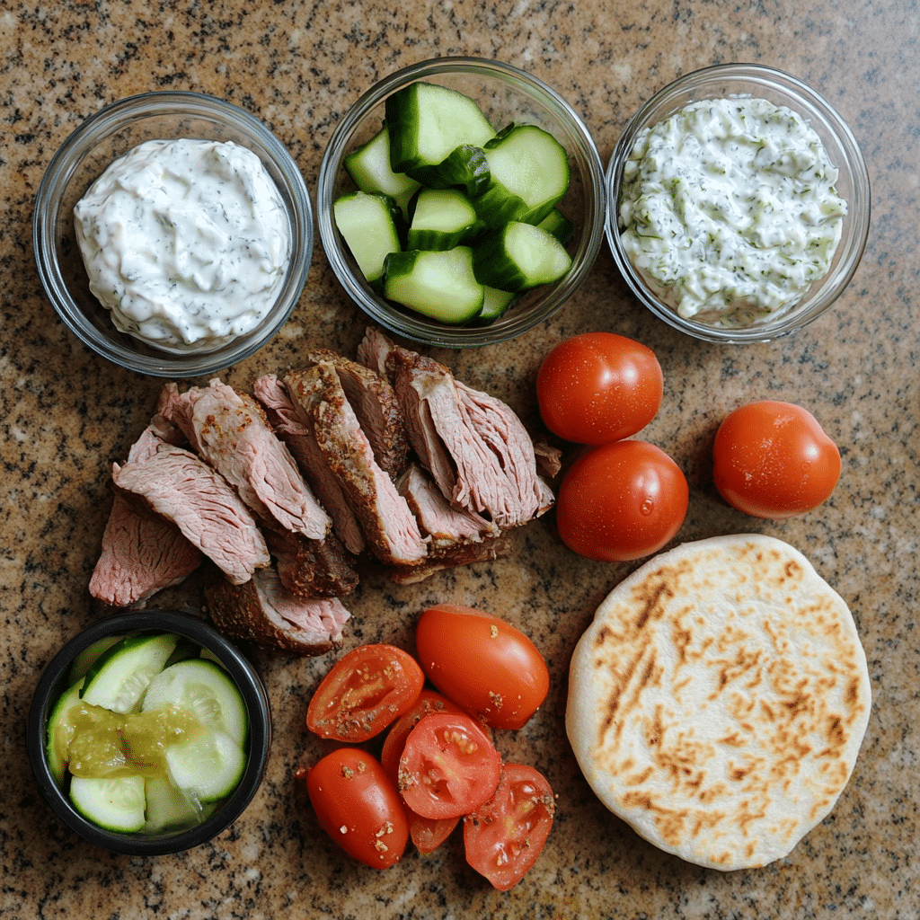 Ingredients for Greek lamb gyros, including lamb, pita, and tzatziki