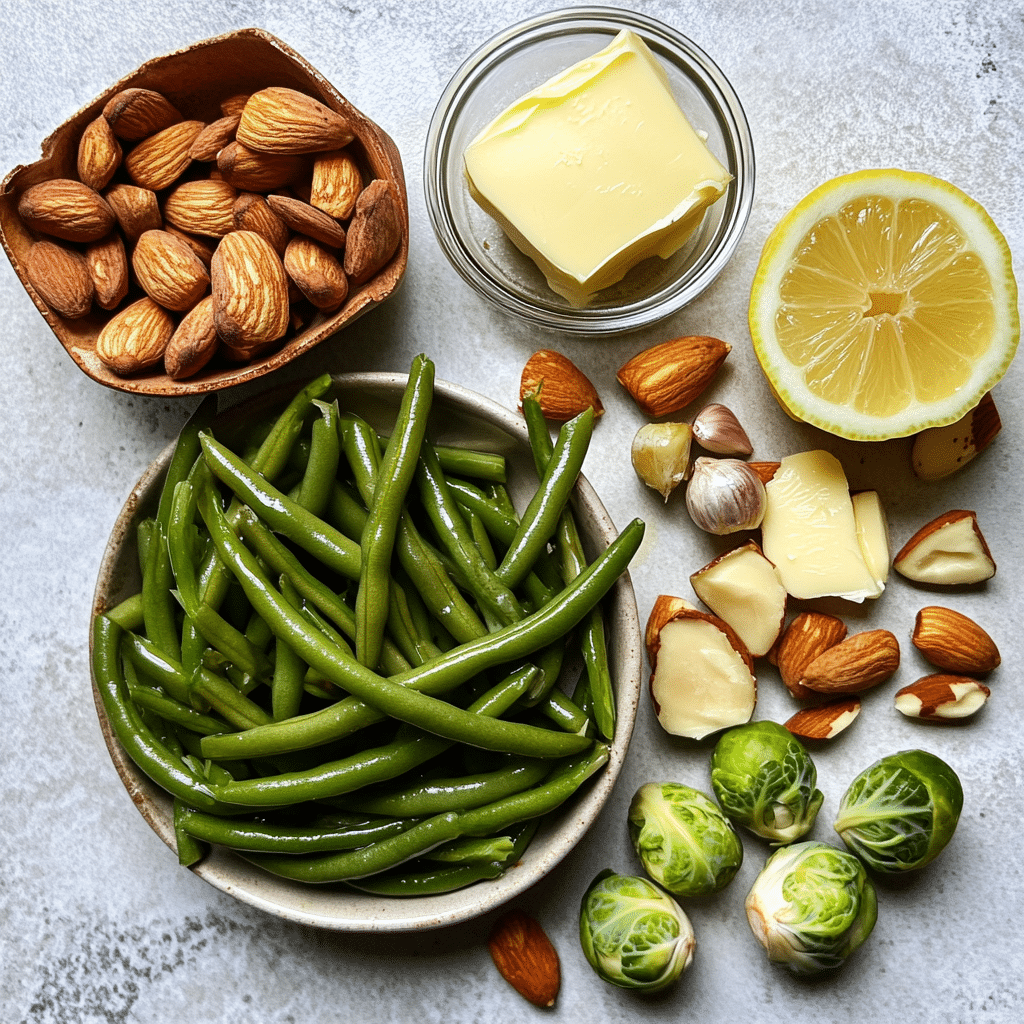 Overhead view of ingredients for roasting Brussels sprouts