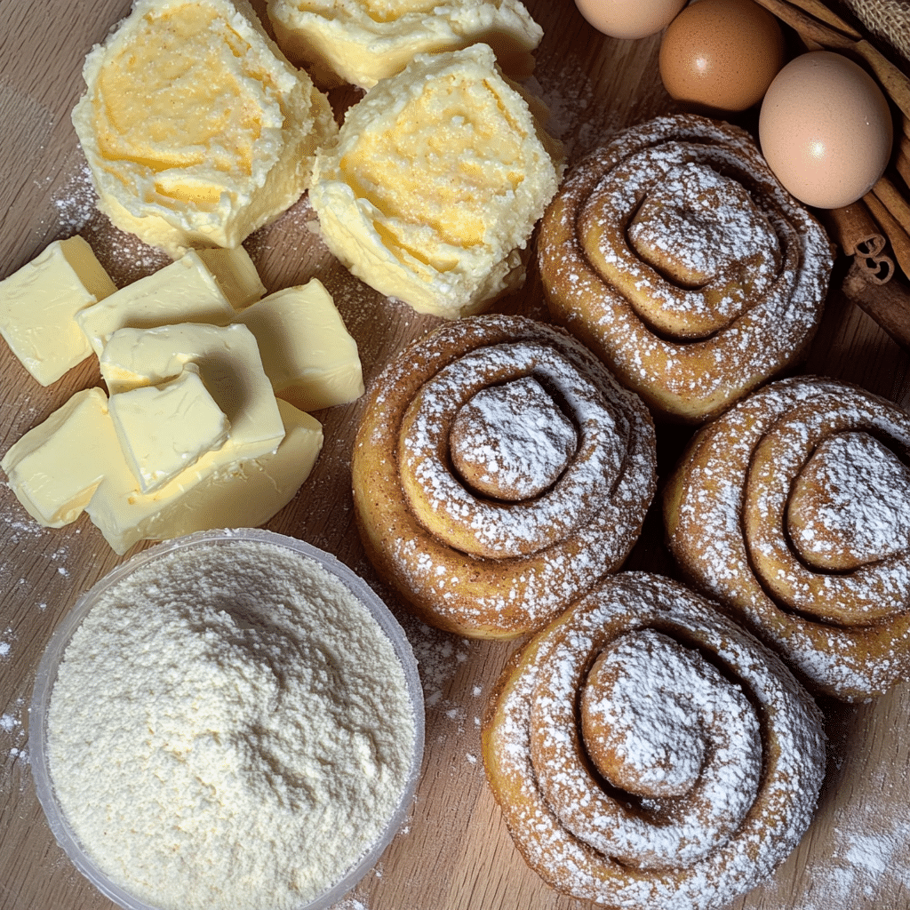 Flour, cinnamon, butter, and eggs for homemade cinnamon rolls