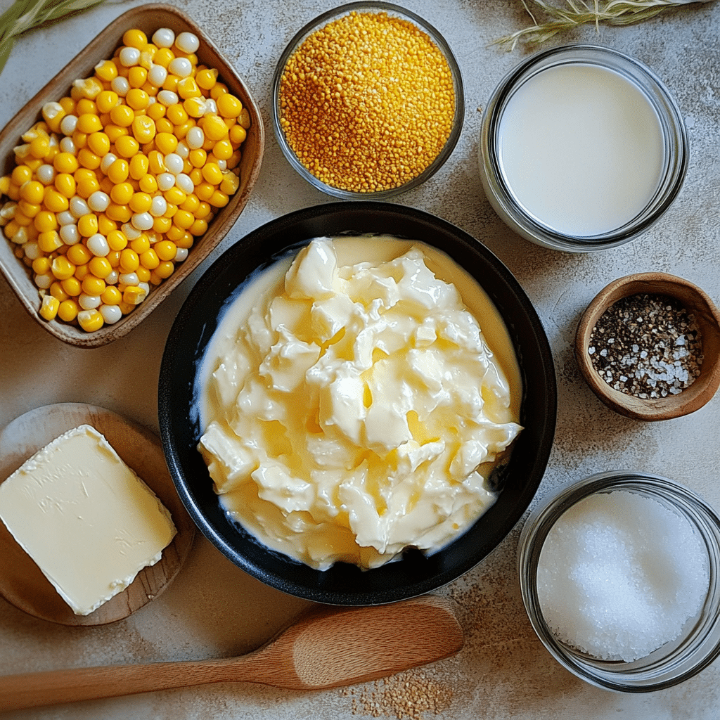 Corn kernels, butter, milk, cream, cream cheese, and seasonings for creamed corn on a counter