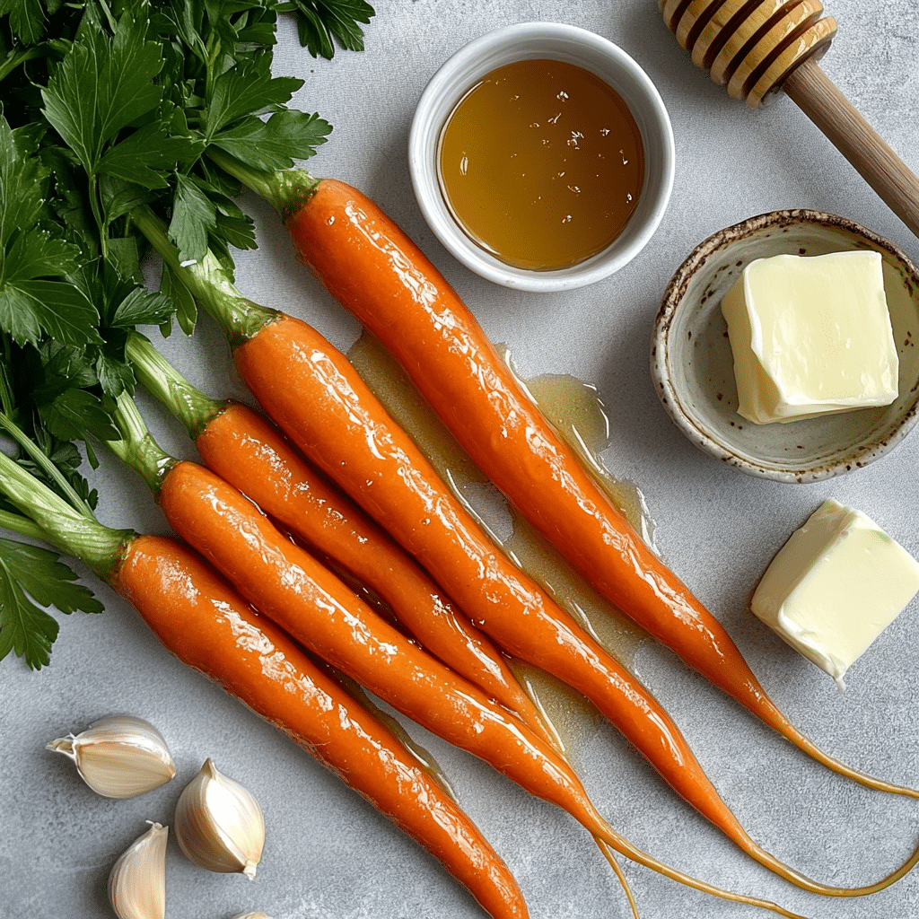 Carrots, honey, butter, garlic, and parsley for making honey glazed carrots