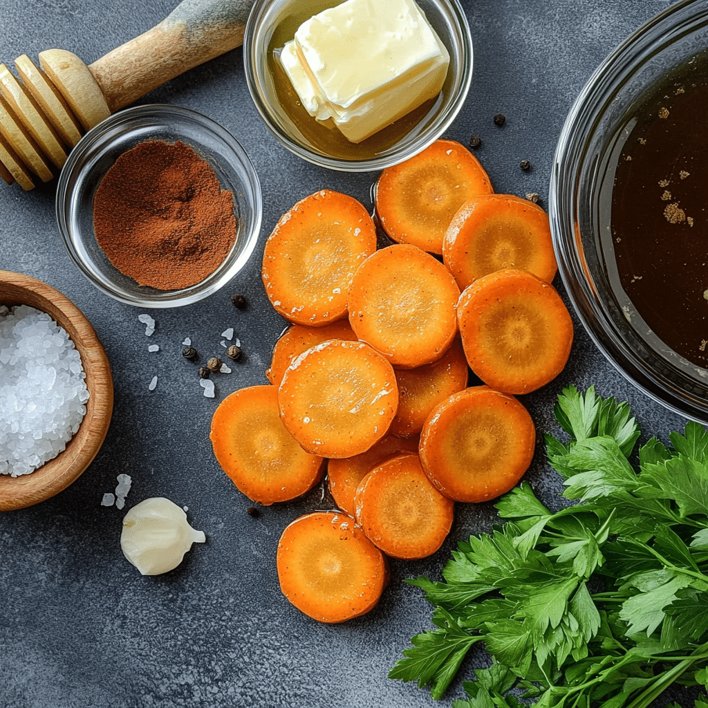 Carrots, butter, honey, brown sugar, cinnamon, and parsley arranged for glazed carrots