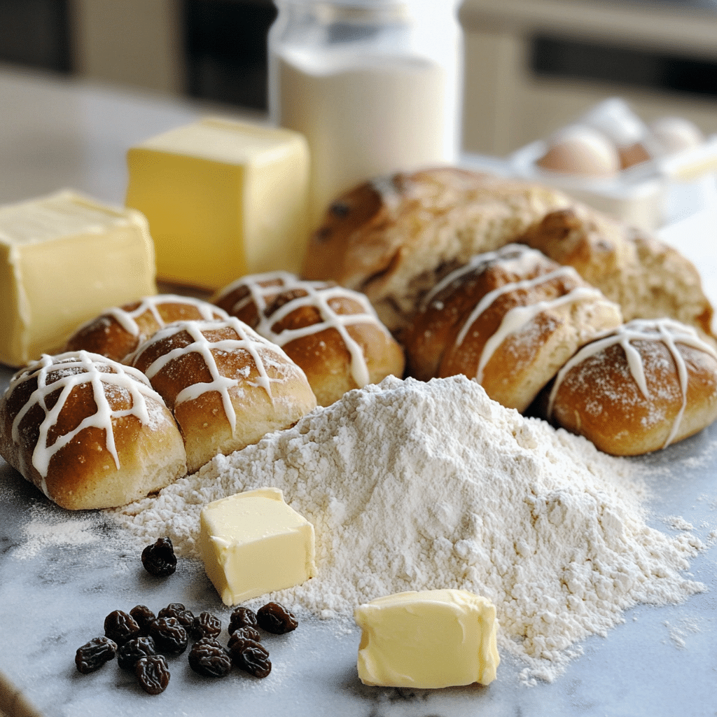 Flour, yeast, and raisins for hot cross buns