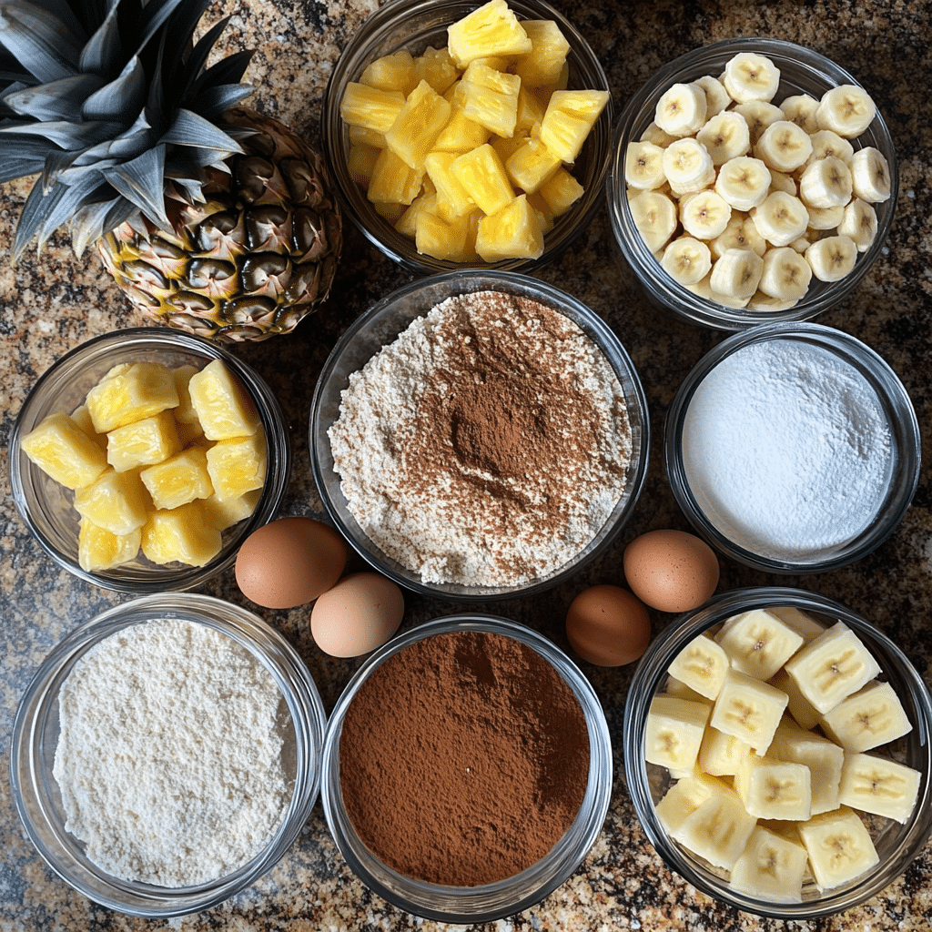 Bananas, pineapples, eggs, and sugar for hummingbird cake