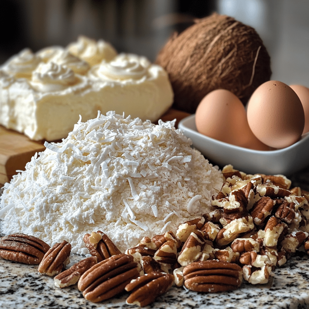 Eggs, coconut, and pecans for Italian cream cake