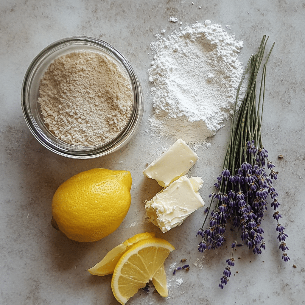 Lavender, lemons, and flour for lavender lemon cake