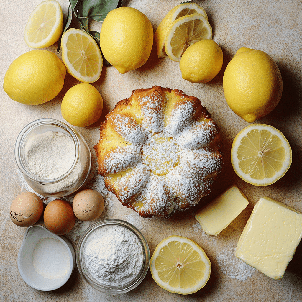 Ingredients like lemon zest, sugar, and eggs for a lemon bundt cake