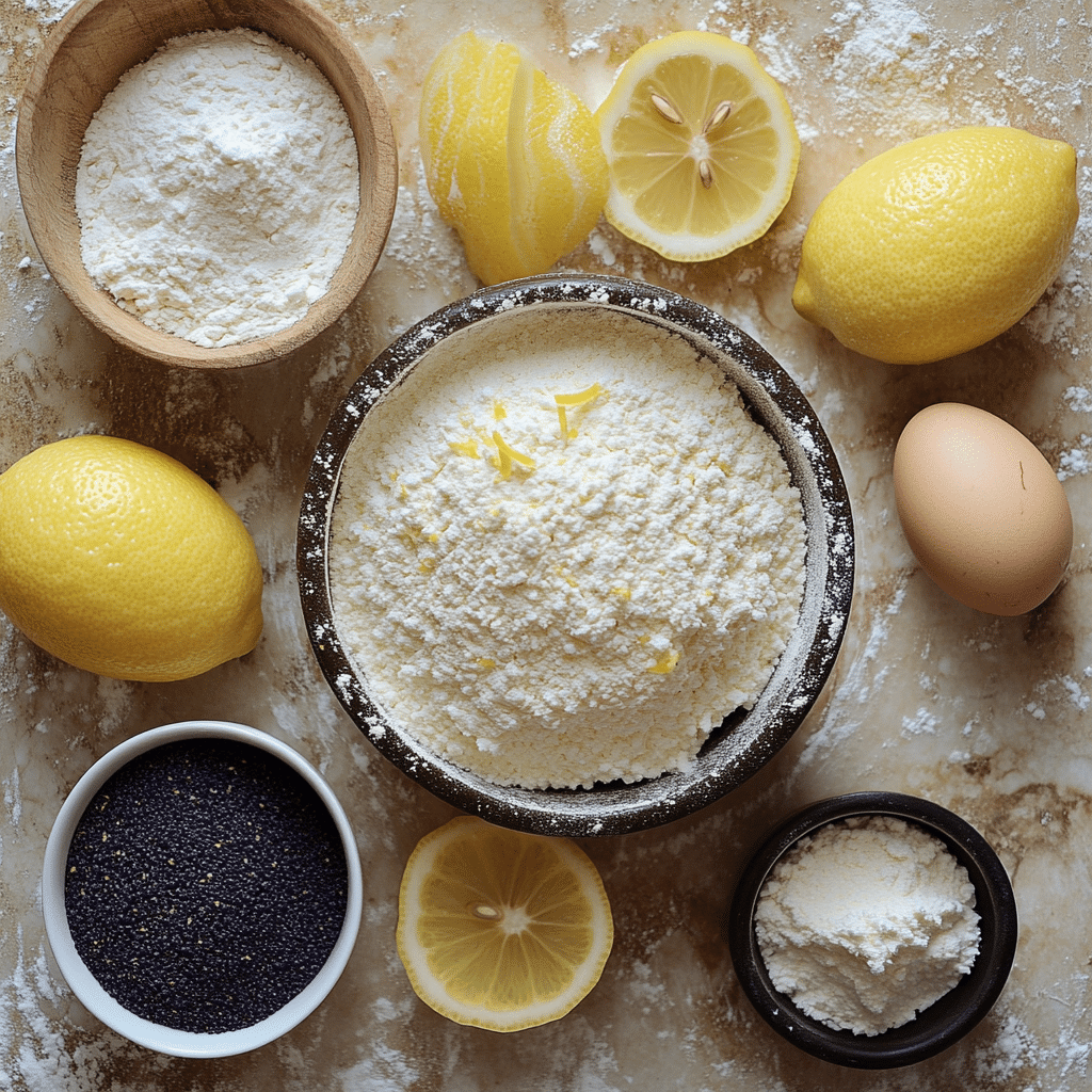 Poppy seeds, eggs, and lemon zest for lemon pound cake