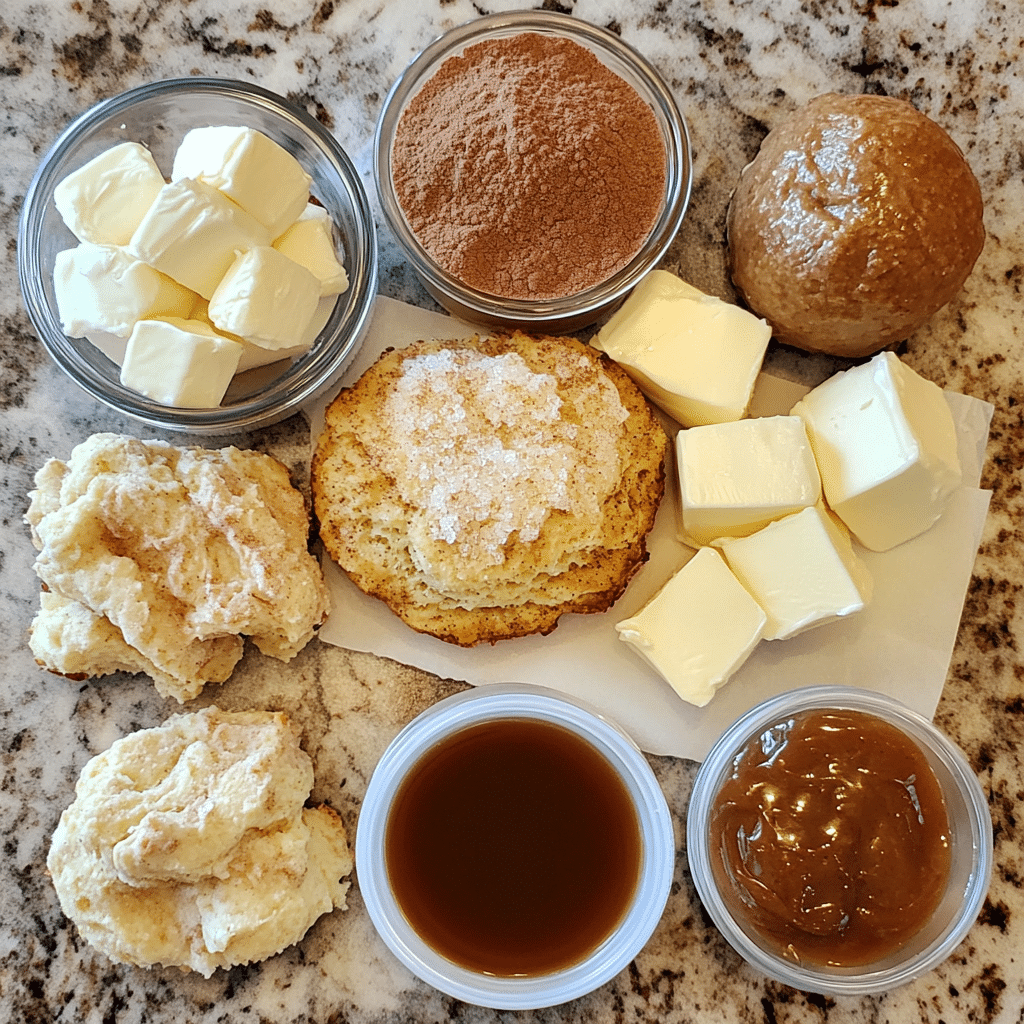 Biscuit dough, butter, sugar, and cinnamon for monkey bread