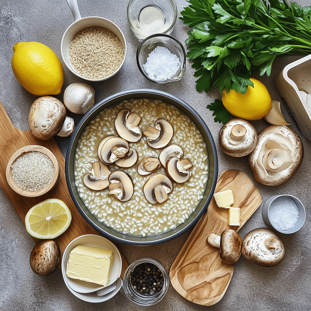 Ingredients for mushroom risotto including arborio rice mushrooms broth parmesan and herbs