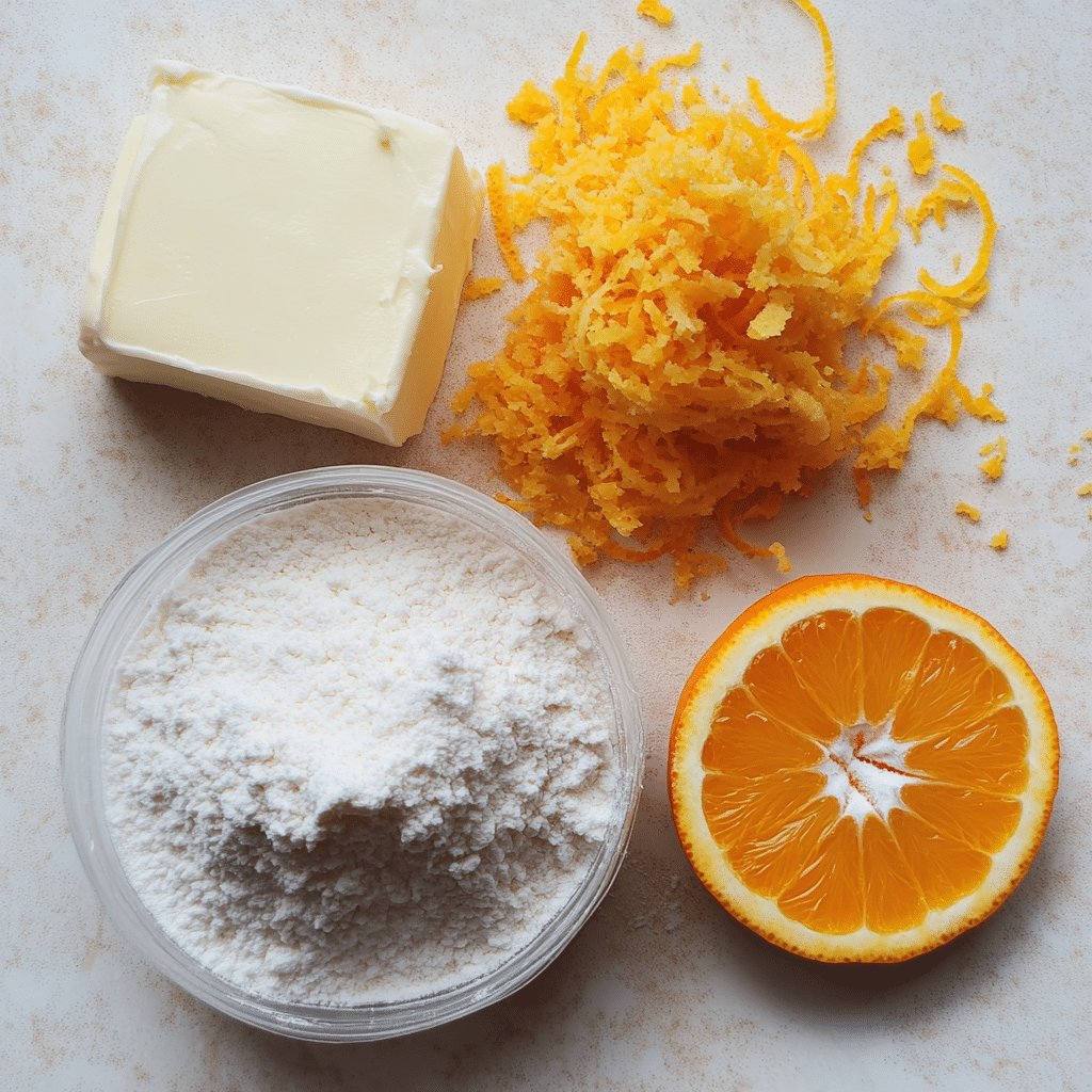 Ingredients like flour, yeast, butter, and orange zest for orange rolls