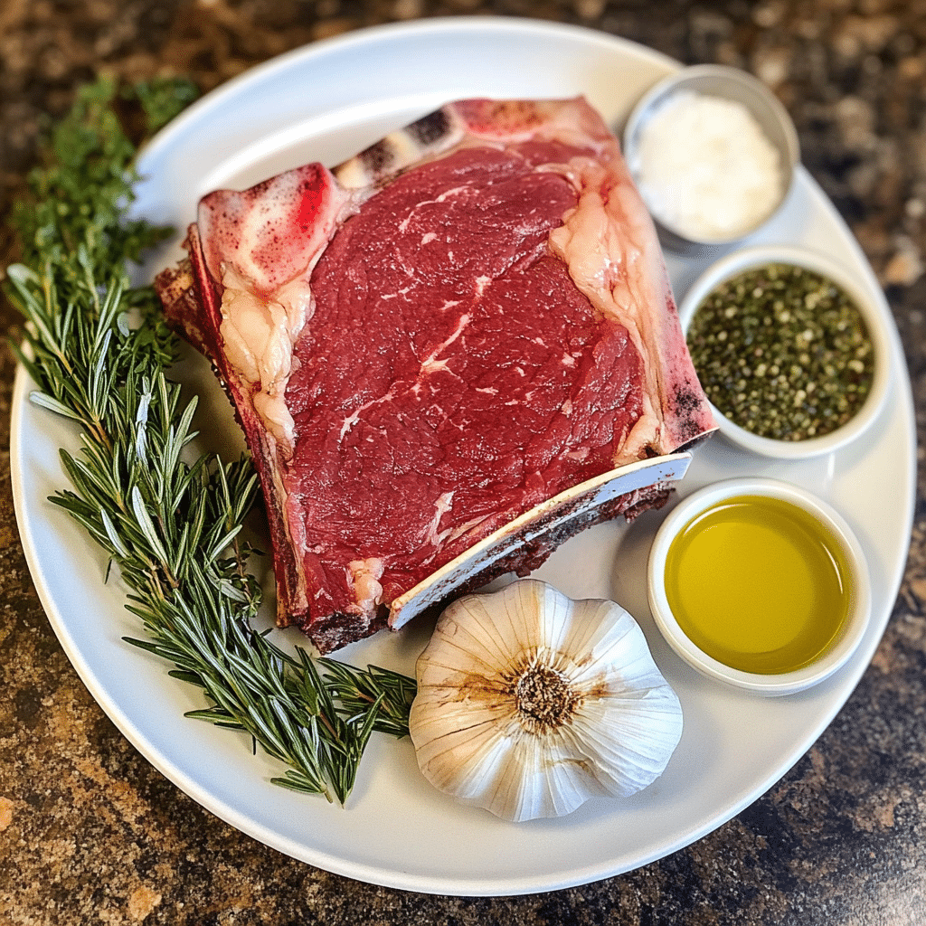 Prime rib, garlic, rosemary, thyme, and olive oil for roast