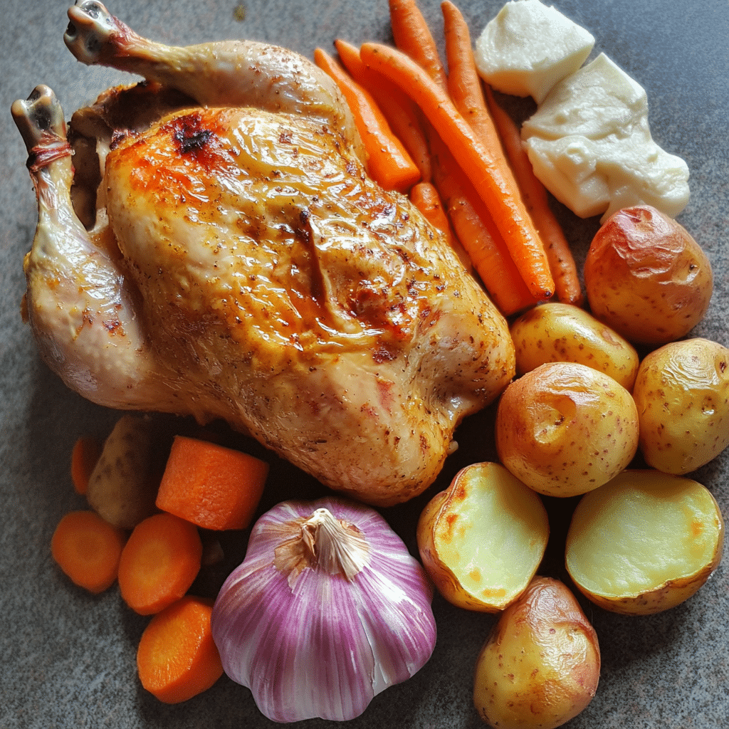 Chicken, carrots, potatoes, and garlic for roast chicken