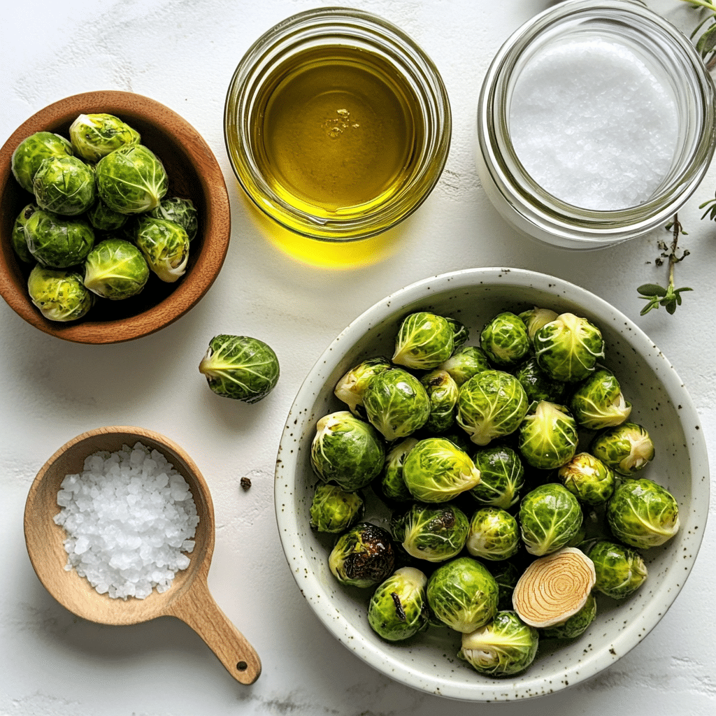 Overhead view of ingredients for roasting Brussels sprouts