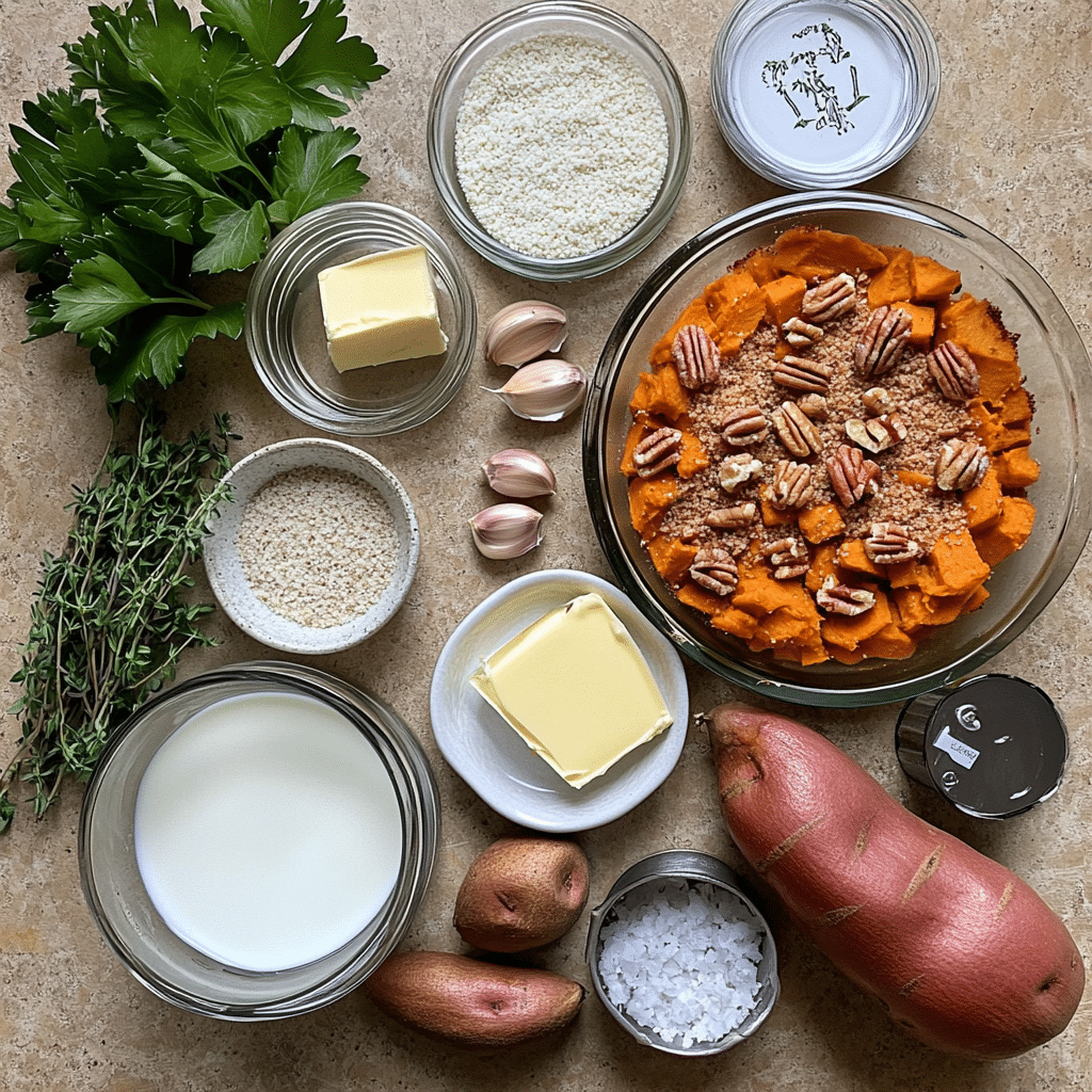 Ingredients for savory sweet potato casserole including sweet potatoes butter milk garlic herbs and pecans